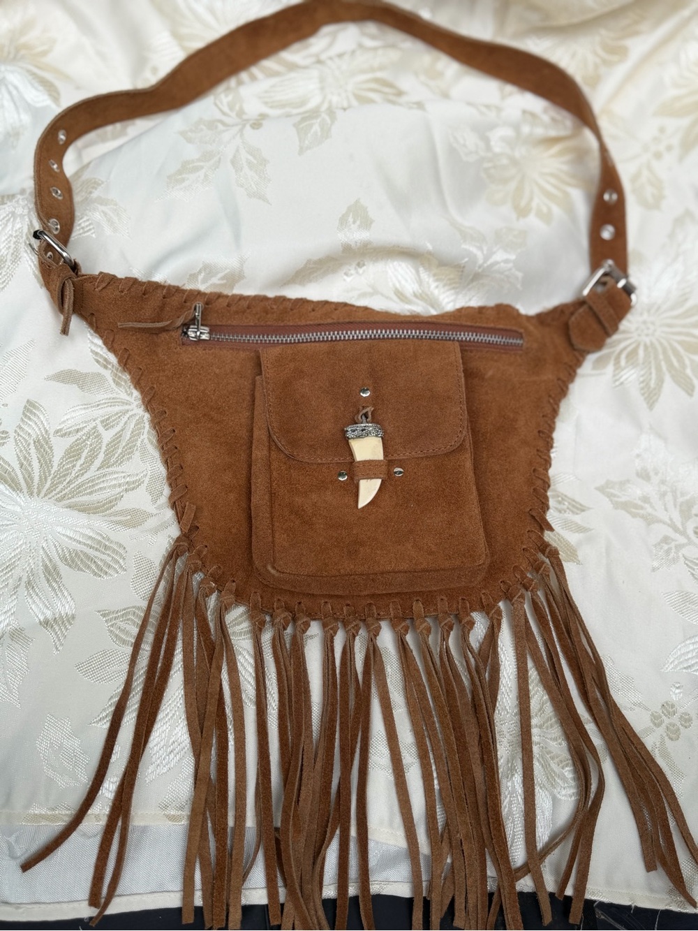 Brown Leather Suede Fringe Crossbody Fanny Pack Bag